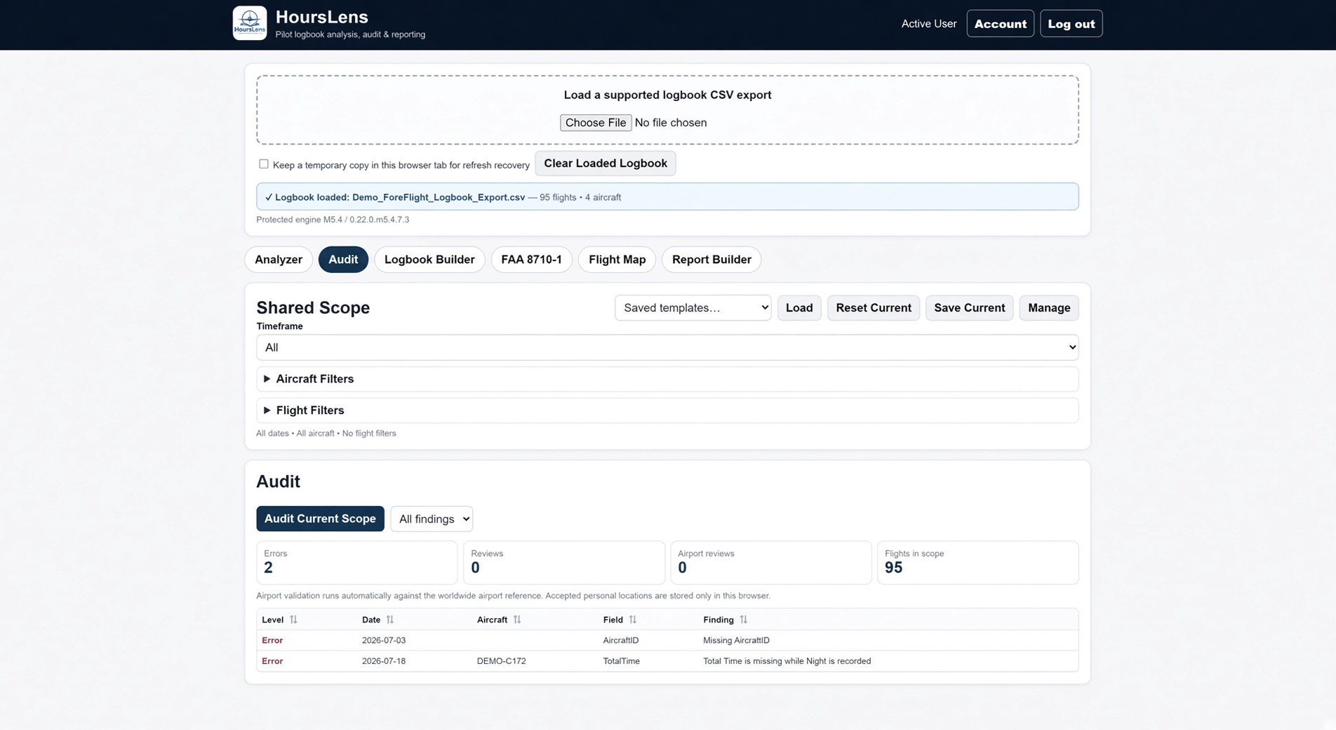 HoursLens Logbook Audit showing two sample findings